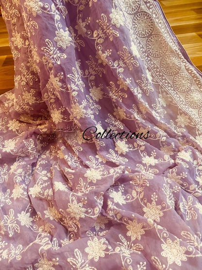 Lavender gorgette chikankari saree