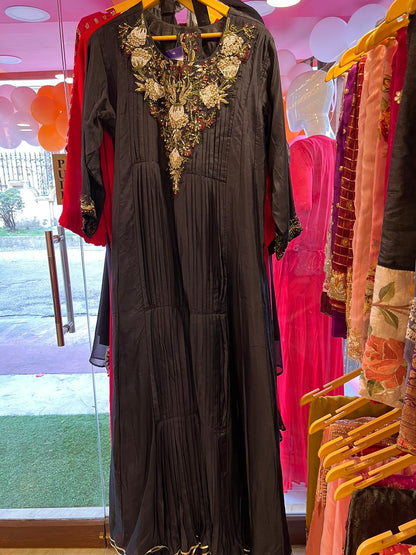 Black embroidery silk dress