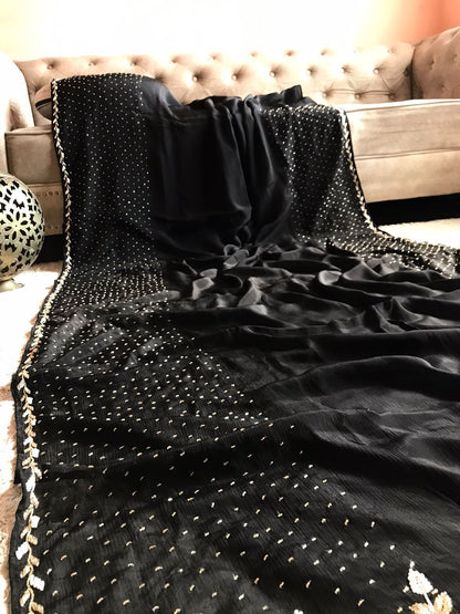 Black premium crepe embroidered saree