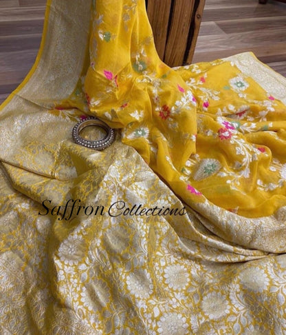Yellow flora Banarasi saree
