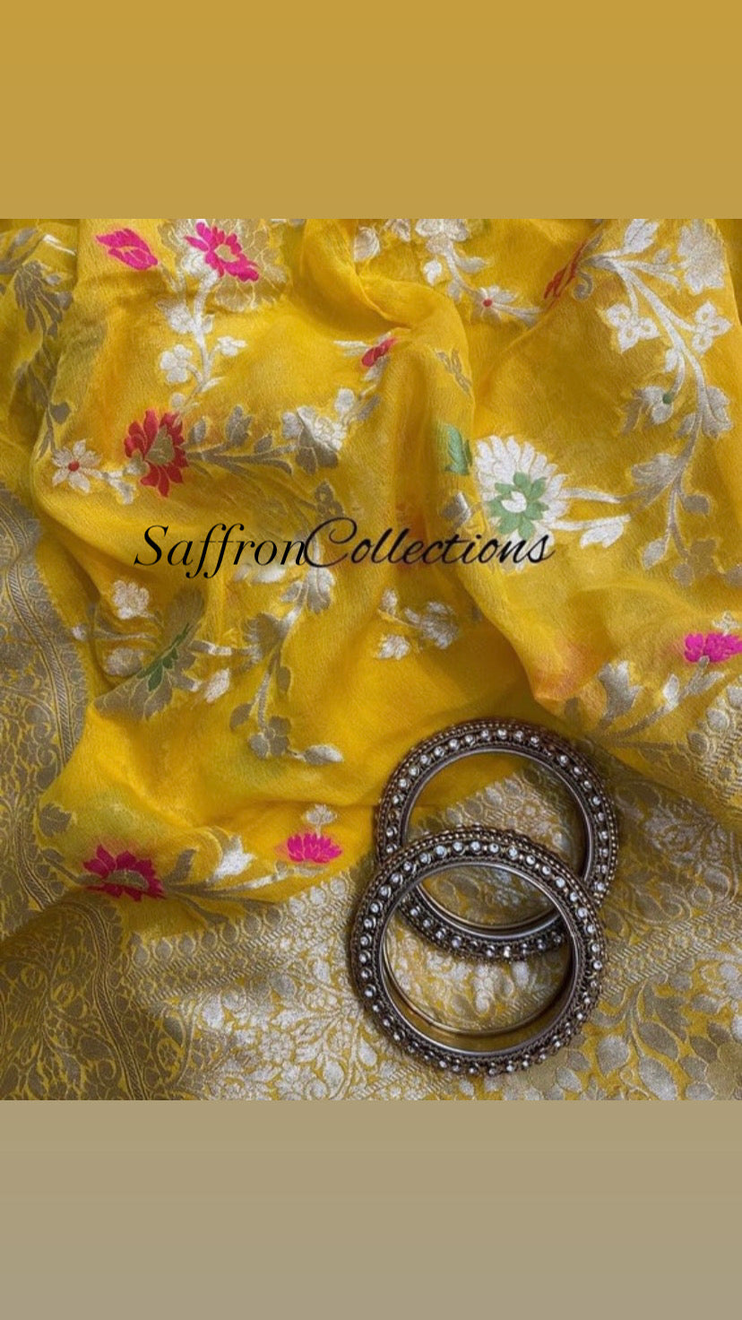 Yellow flora Banarasi saree