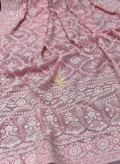 Pinkmania chikankari gorgette saree