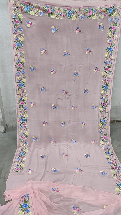 Pink embroidered Parsi Gara saree