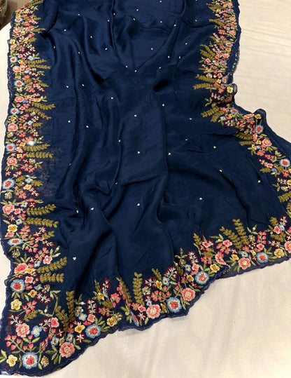 Tulip embroidery organza saree