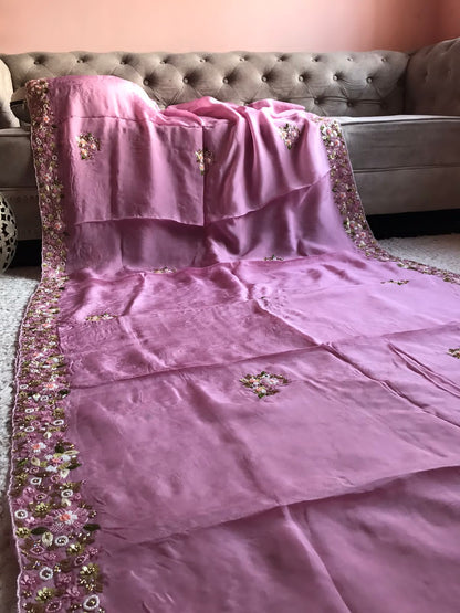 Premium pink organza silk saree