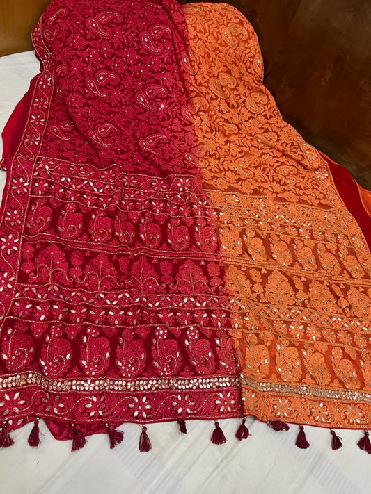 Dyed chikankari gorgette saree
