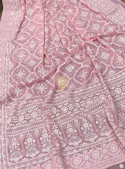 Pinkmania chikankari gorgette saree