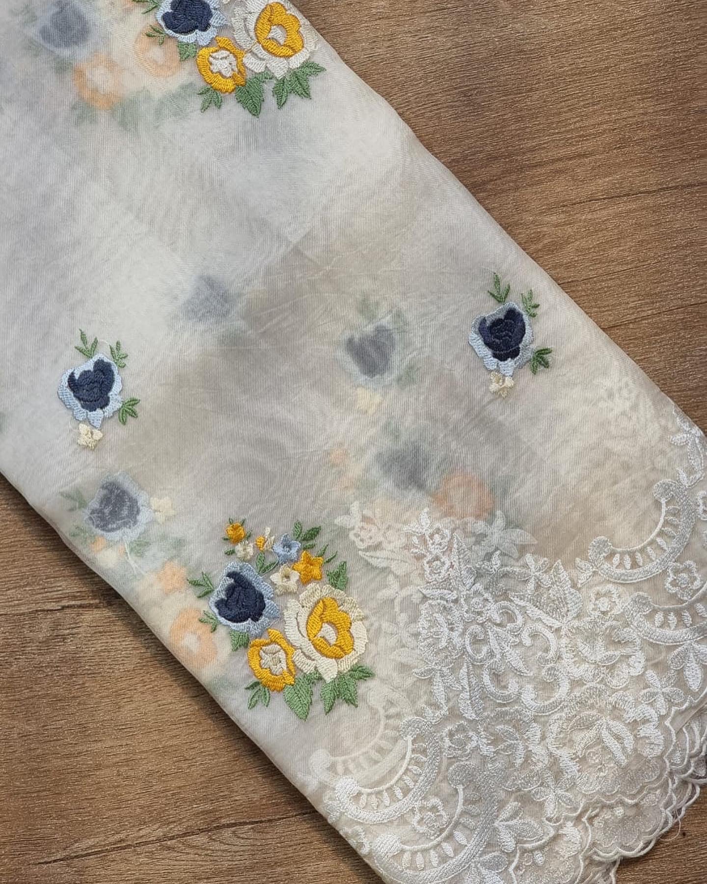 Scalloped embroidery cutwork saree