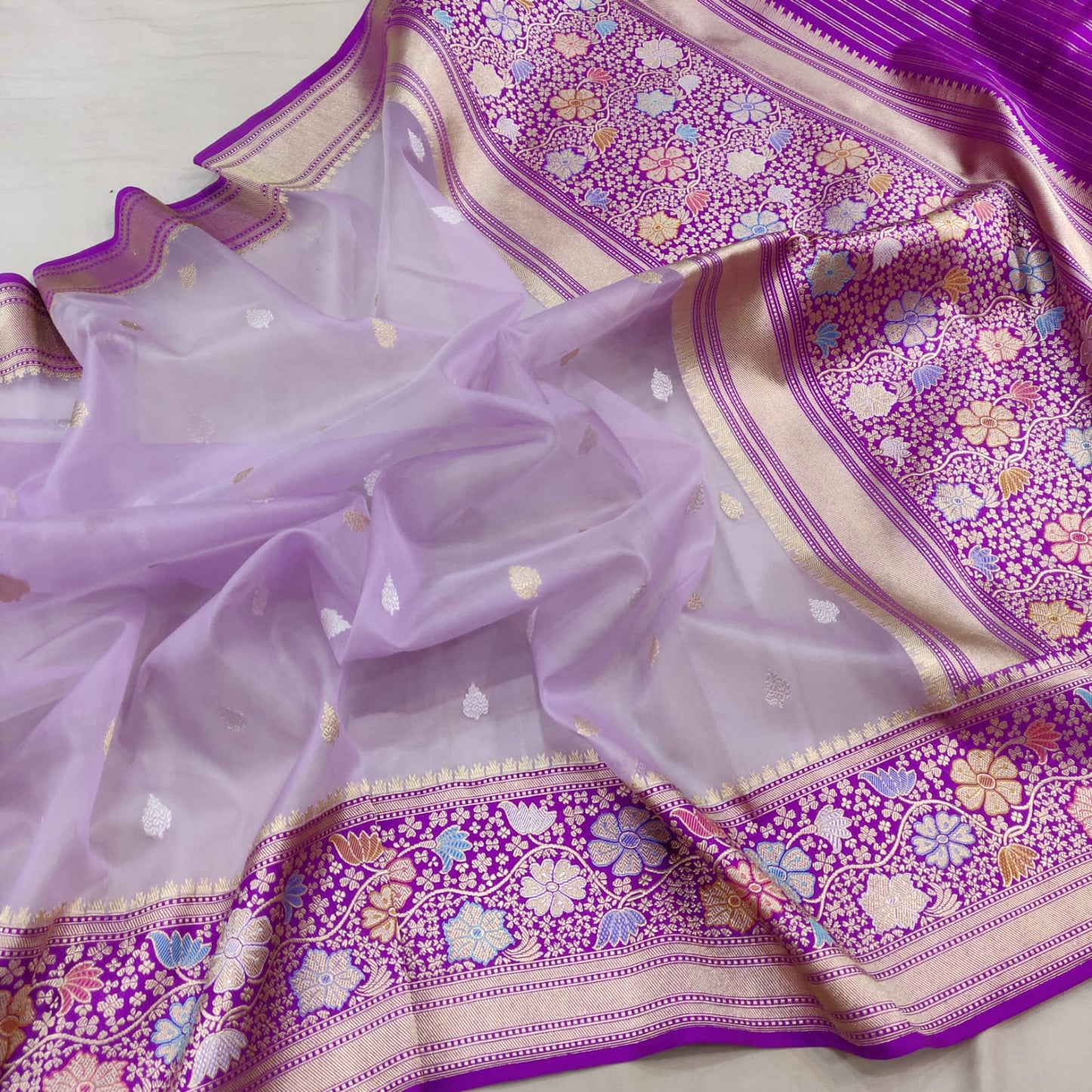 Purple handwoven kora saree