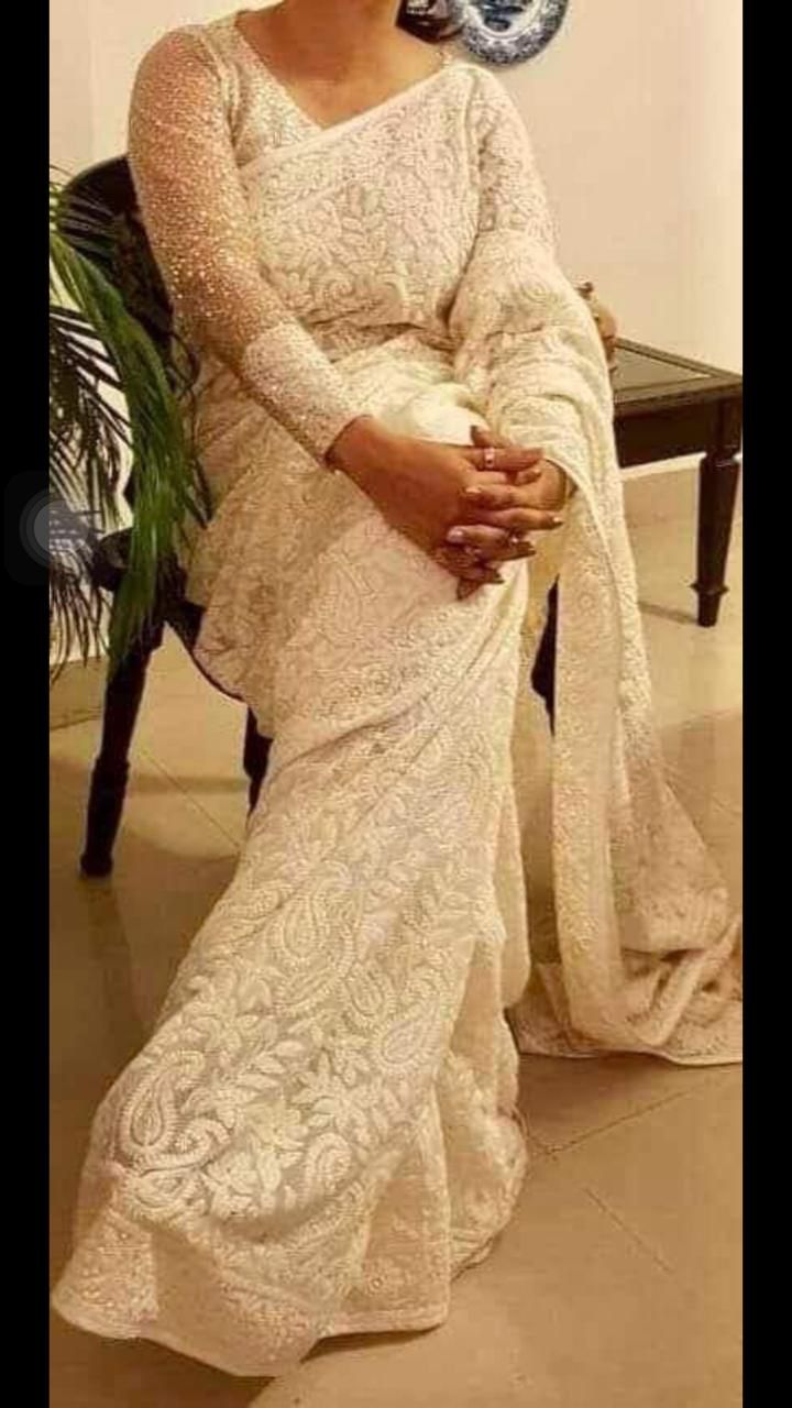 White Chikankari Saree Gorgette saree Indian Sari