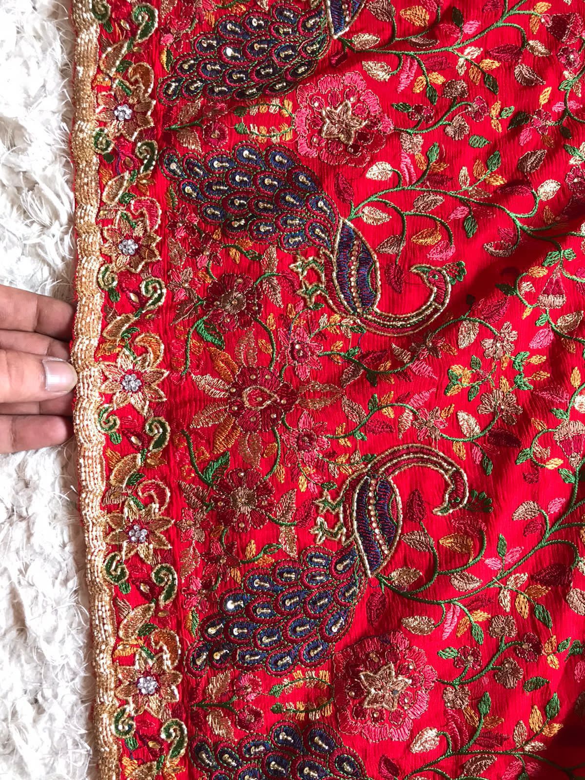 Red peacock inspired Kashmiri saree