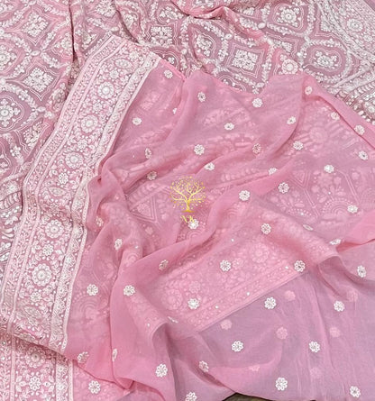 Pinkmania chikankari gorgette saree