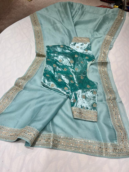 Velvet zardosi organza saree