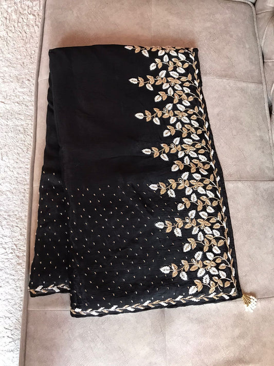 Black premium crepe embroidered saree