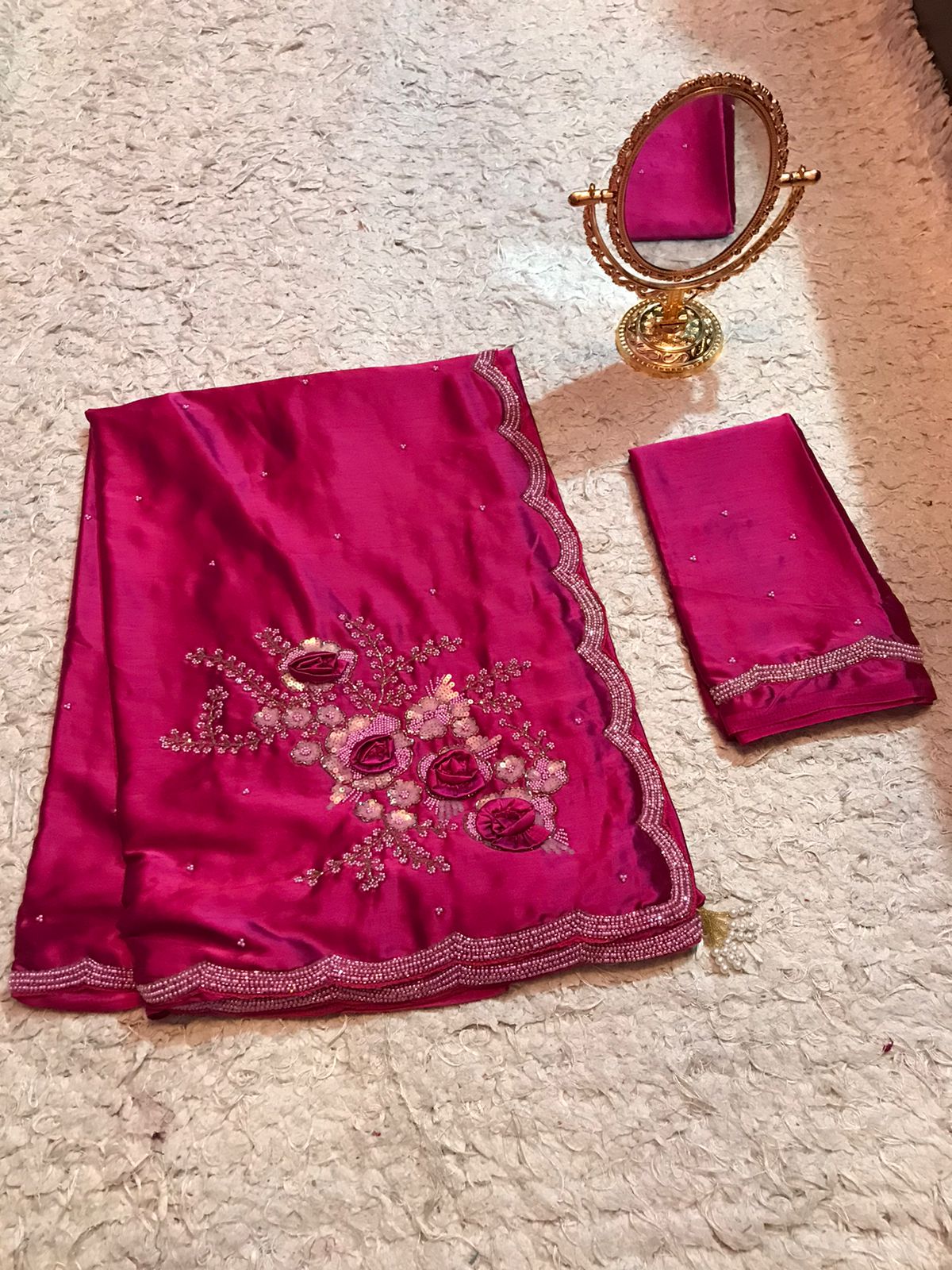 Premium pink satin silk luxury saree