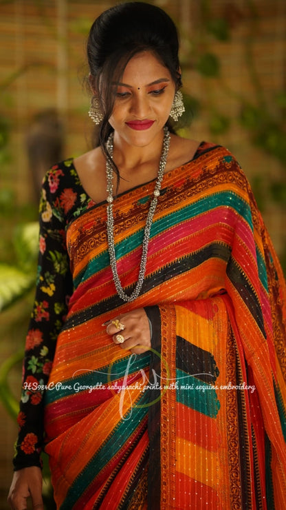 Gulmohar gorgette sequins saree