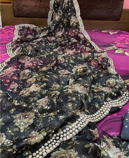 Black floral organza saree