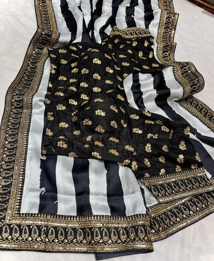 Satin striped zardosi saree