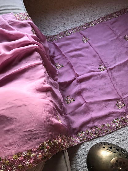 Premium pink organza silk saree