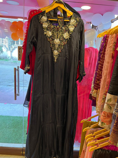 Black embroidery silk dress