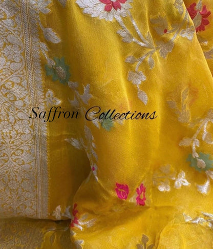 Yellow flora Banarasi saree