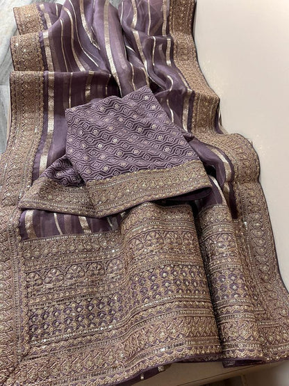 Striping kora Banarasi saree