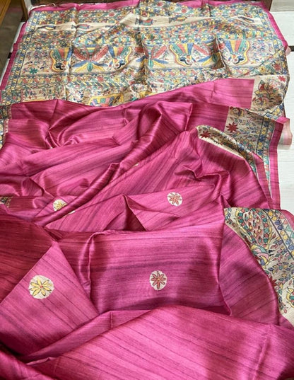 Pink Kalamkari saree linen sarees Indian heritage sari