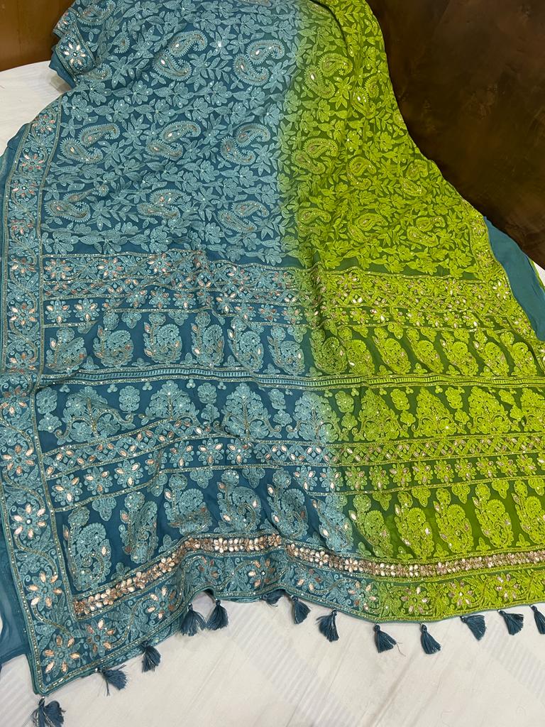 Dyed chikankari gorgette saree