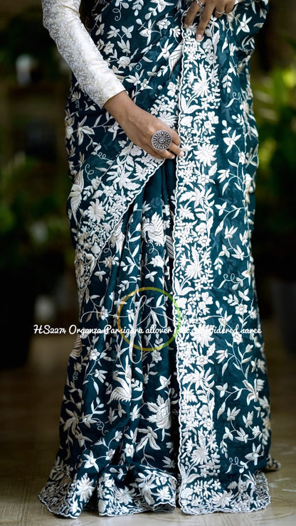 Blossom embroidered organza saree