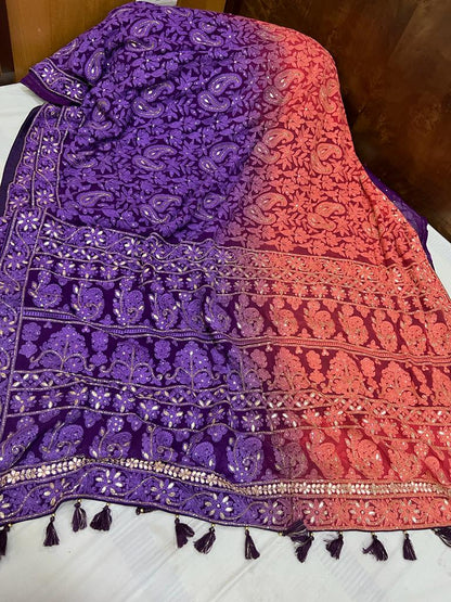 Dyed chikankari gorgette saree