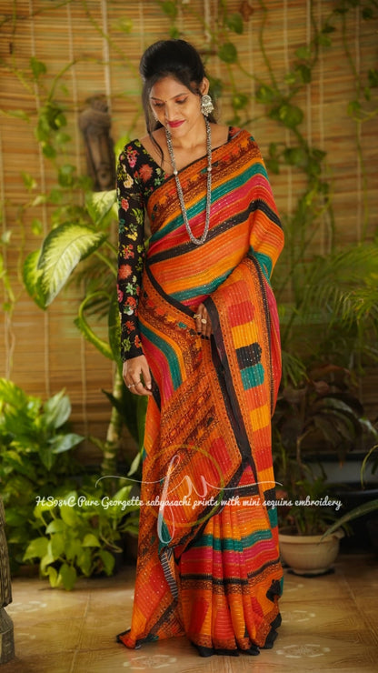 Gulmohar gorgette sequins saree