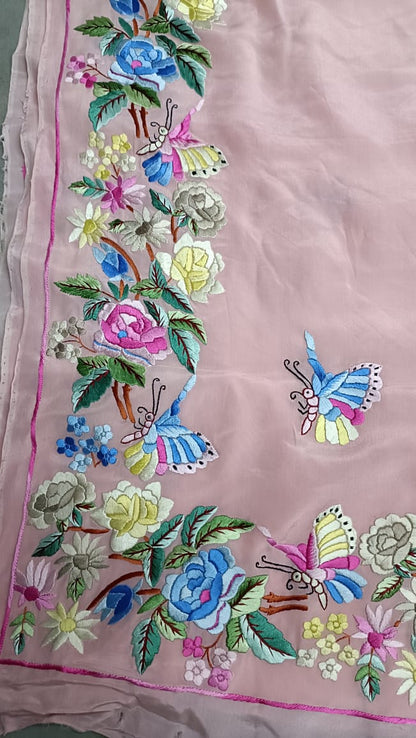 Pink embroidered Parsi Gara saree